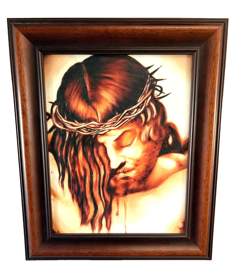 Signed Jesus Crown of Thorns Painting With Frame 15 X 19
